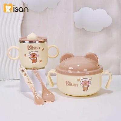 Combo Bát ăn dặm kèm thìa và Cốc ăn dặm giữ nhiệt KidAndMom Misan cao cấp cho bé