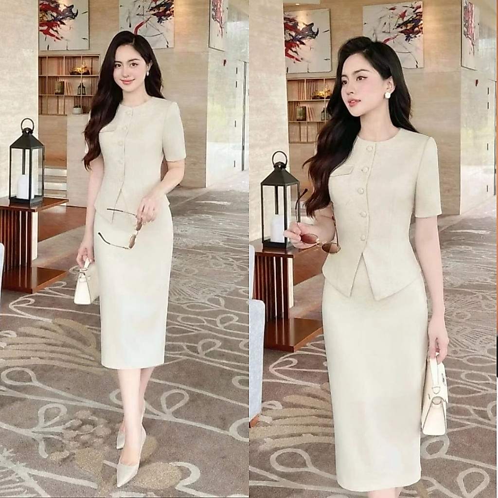 SÉT BỘ CÔNG SỞ NỮ THANH LỊCH VEST TAY NGẮN MIX VÁY DÀI - [VT24246H]