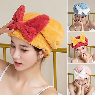 Khăn ủ tóc - Khăn quấn tóc gội đầu cao cấp, vải cotton mềm mại mũ ủ tóc gội đầu hình nơ dễ thương cho nữ