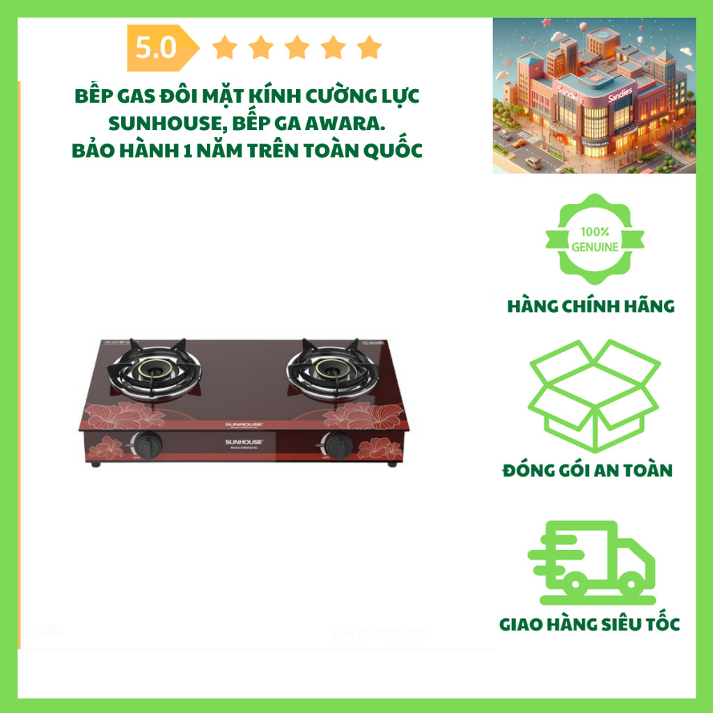 Bếp Gas Đôi Sunhouse, Mặt Kính Cường Lực Hàng Chính Hãng Sunhouse, Bảo Hành 1 Năm Trên Toàn Quốc