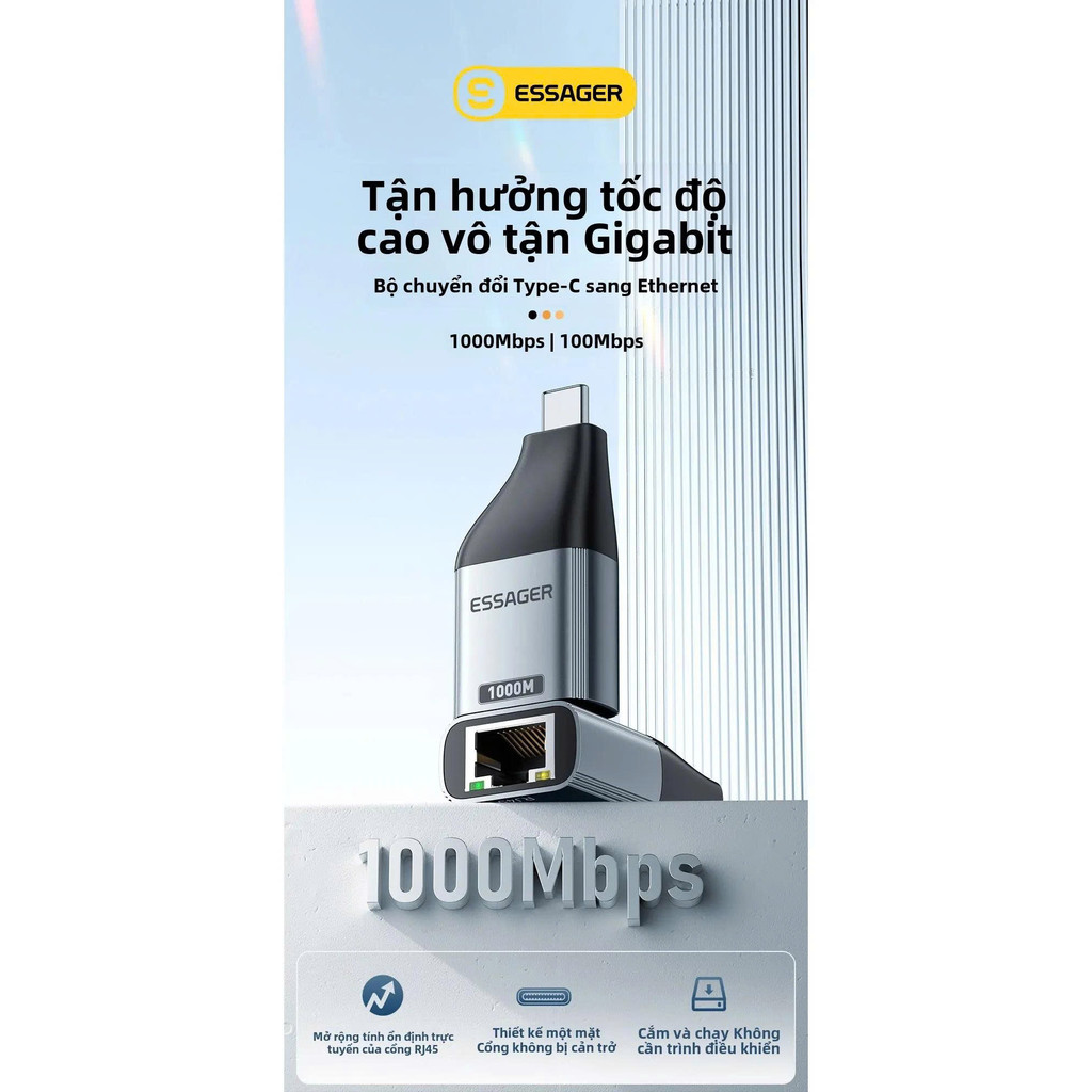 Essager Đầu đổi Type C sang Mạng Lan RJ45 Essager 100/1000Mbps Gigabit tùy chọn phân loại