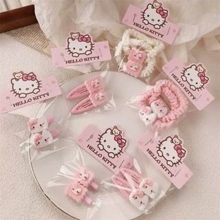 Set 2 Phụ Kiện Tóc Hình Mèo Kitty Màu Hồng Dây Thun Cài Mái Và Kẹp BB Dễ Thương Cho Bé Gái BC11