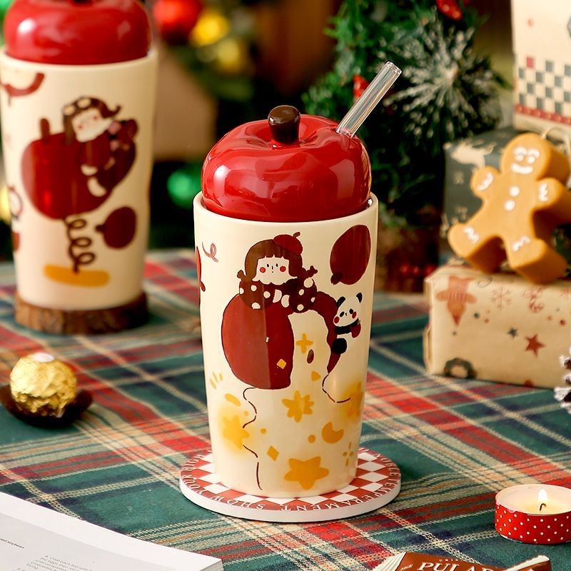 Oriental Premium#In Stock Christmas Apple Straw Mug High Aesthetic Home Ceramic Cup Gift for Best Fr