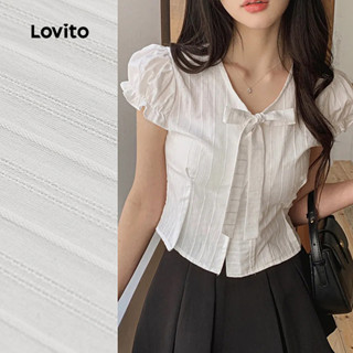 Lovito Áo sơ mi nữ casual ren thắt nơ viền xà lách Xuân/Hè trắng L139AD354