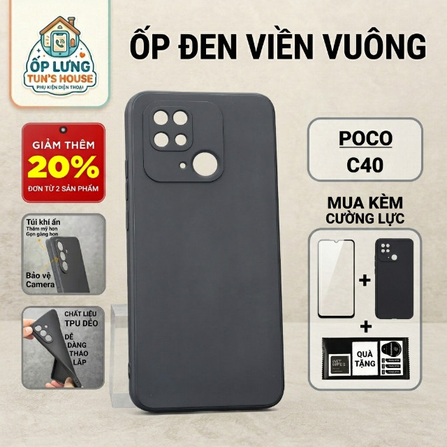 Ốp lưng Poco C40 Ốp Nhà Tun trơn màu đen | Ốp điện thoại Xiaomi dẻo bảo vệ camera đt toàn diện