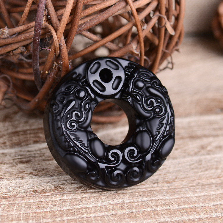 Mặt dây chuyền Obsidian pha lê tự nhiên Obsidian Đôi Pixiu Khóa an toàn Mặt dây chuyền Obsidian