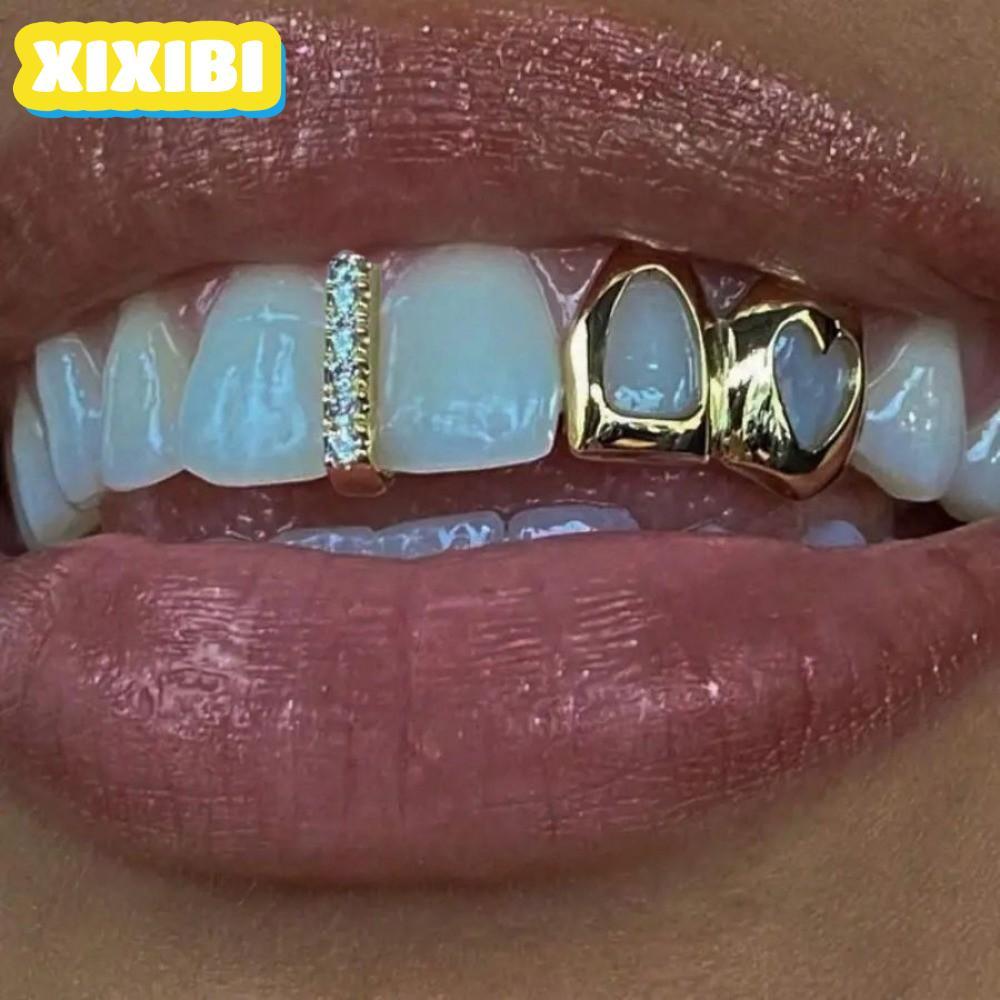 XIXIBI Hip Hop Răng Grillz, Đồng Rỗng Trái Tim Grillz, Màu Vàng Sáng Bóng Đôi Trái Tim Răng Mũ Trang