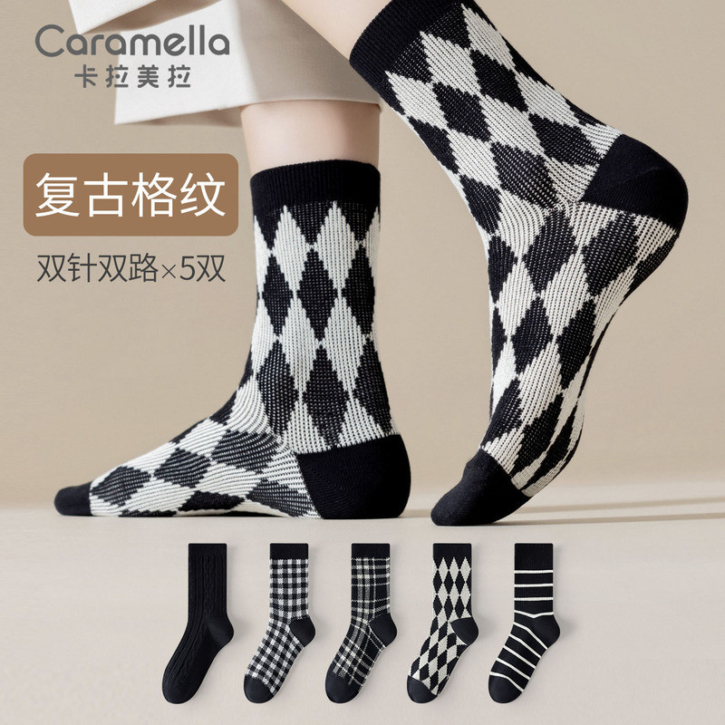 Caramella Thu Đông Phong Cách Mới Tất Nữ Kim Đôi Retro Nữ Cotton Tất Hoạt Hình Dễ Thương Tất Nữ 5 Đô