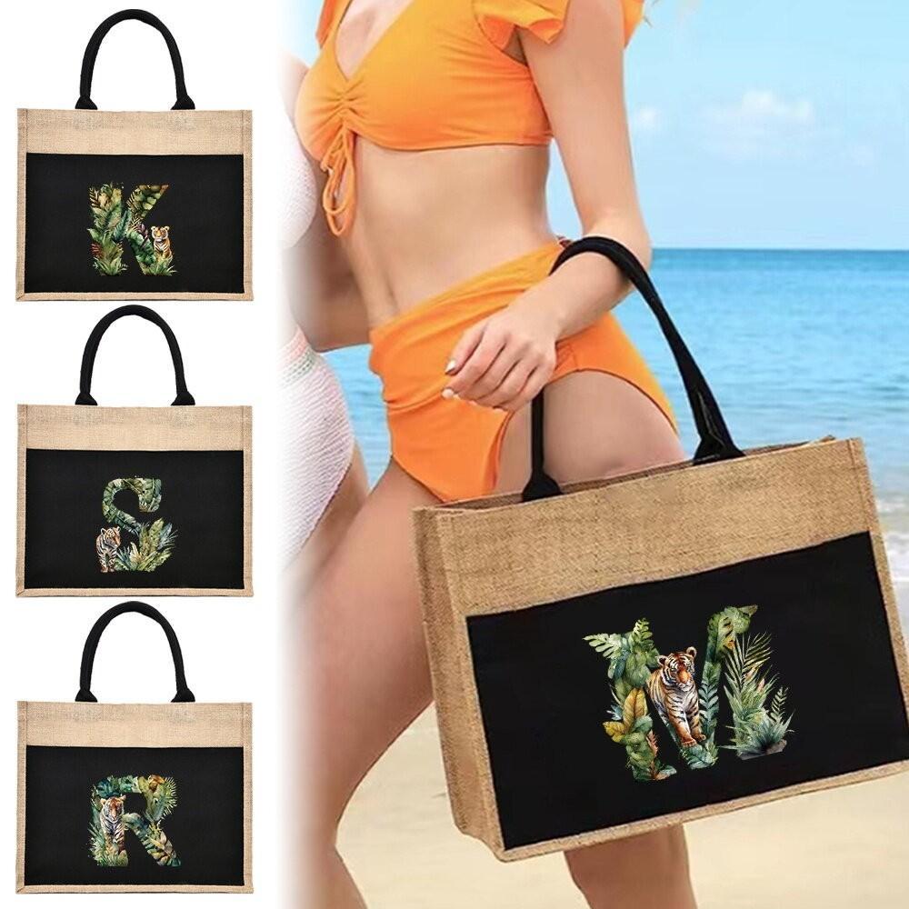 Twilly Jute Bag Shoulder Bag Jute Tote Handbag Friendly Jungle Tiger Letter Print Women Shopping Han