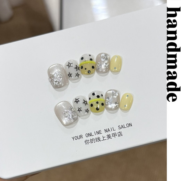 Bấm vào móng tay handmade [Sweet Cool Star Love] Broken Silver Love ins Style Star Polka Dot Màu tươ