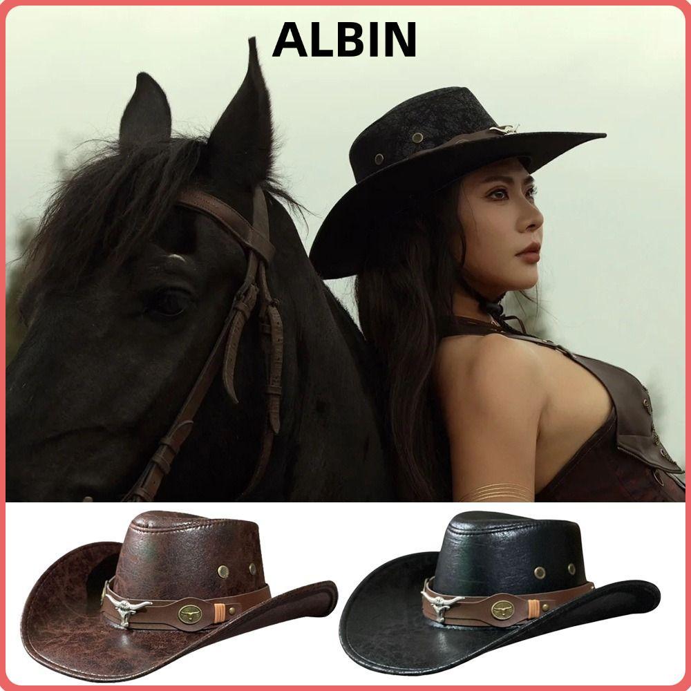 ALBIN Faux Leather Cowboy Hat, Bull Head Buckle Vintage Western Cowboy Hat, Thời Trang Retro Chống N