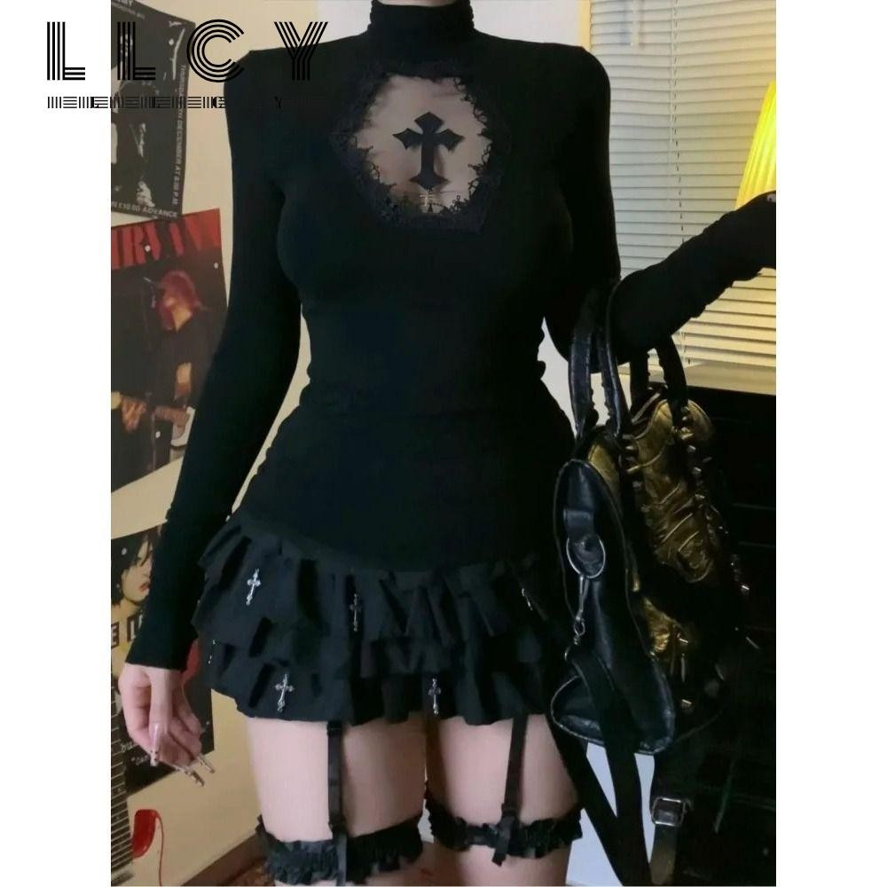 Áo cổ cao LLCY style Gothic và Y2K, áo thun nữ gợi cảm với ren
