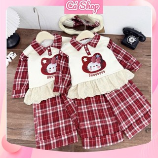  X195 Bộ quần áo Duuu caro đỏ cho bé gái 
