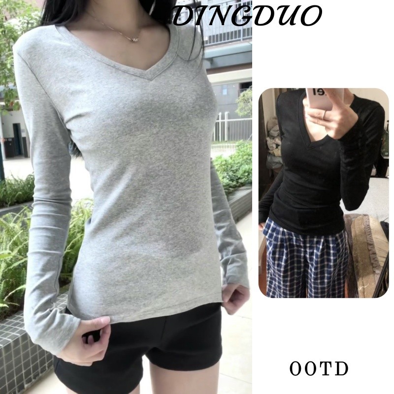 Áo baby tee 100% cotton Áo Thun tay dài ôm body Áo thun nữ tay dài cổ V ôm sát mới