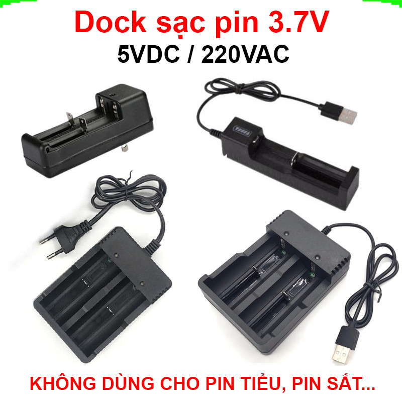 Dock sạc, bộ sạc Pin 3.7V 18650, 14500, 16340 dùng cổng USB hoặc nguồn 220V