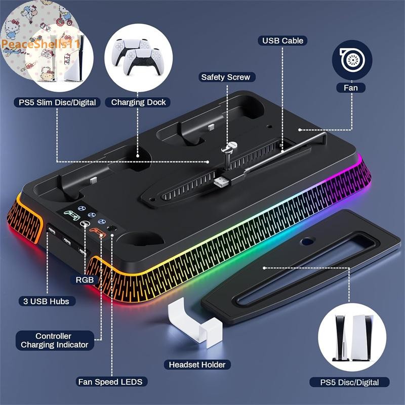PeaceShells Cho PS5 Pro PS5 Slim Games Console Đứng Dọc Trạm Làm Mát Quạt Làm Mát Bộ Điều Khiển Sạc 