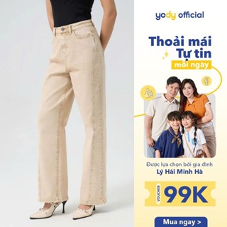 [SALE] Quần Jeans Nữ Yody, Ống Rộng Cạp Cao Can Phối, Cắt xẻ cá tính, thoải mái TRA - QJN7050