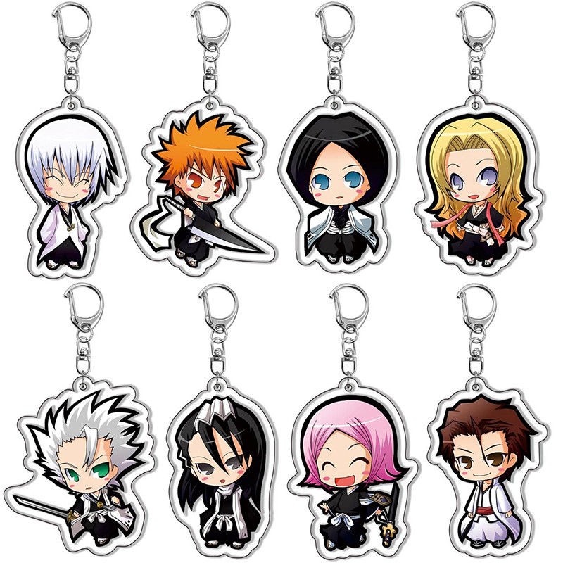 Anime Bleach Keychain Cartoon Figure Kurosaki Ichigo Kuchiki Rukia Inoue Orihime Pendant Key Ring Ba