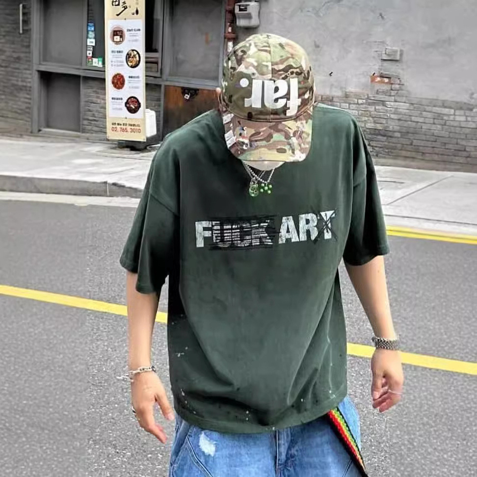 DOH1 Far archive Washed distressed splash-ink print short-sleeve t-shirt with humorous slogan and ro