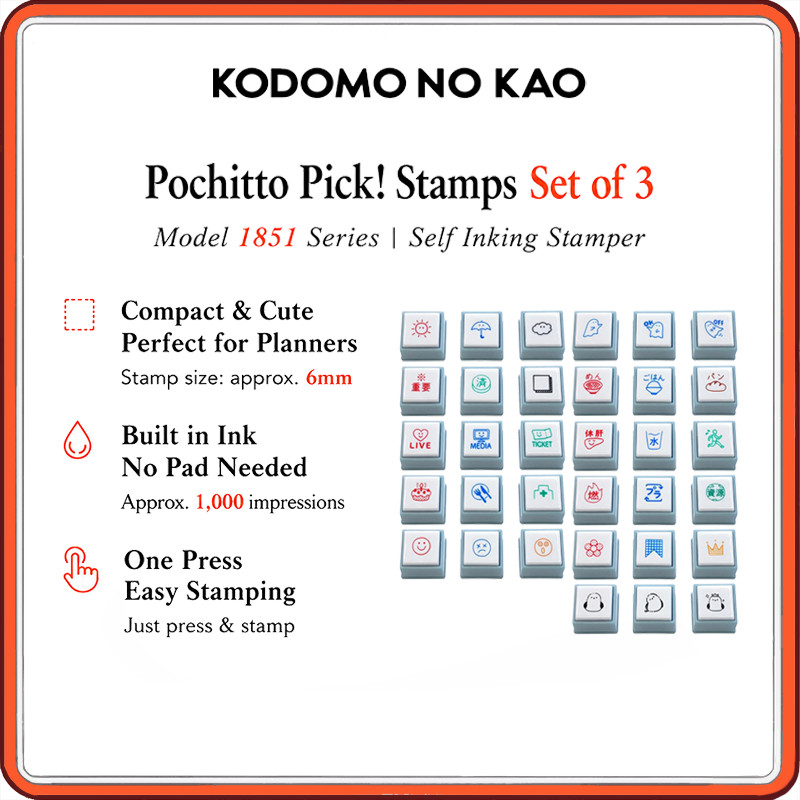 Kodomo No Kao Pochitto Pick Self Inking Planner Stamp Set (3pcs) – 11 Design Variants for Journals, 