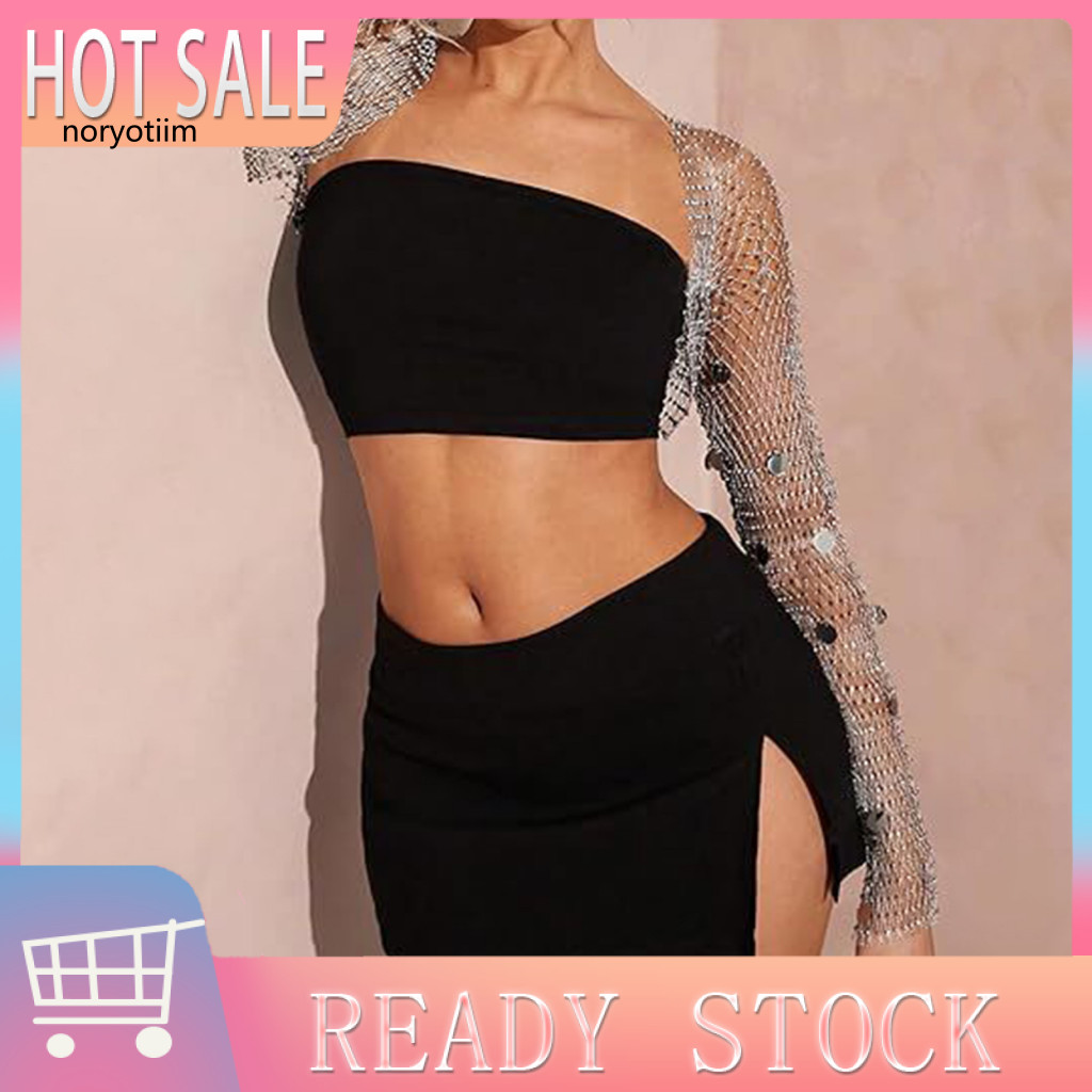 NOR Họa Tiết Kim Cương Shrug Fishnet Shrug Nữ Sequin Kim Cương Giả Lưới Shrug Bolero Tay Dài Lấp Lán