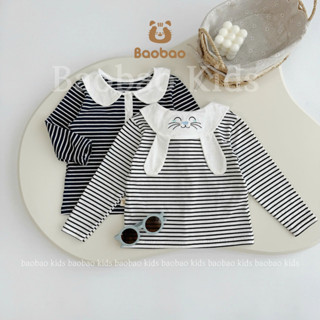   BAOBAO- HÀNG SẴN  ÁO THUN CỔ SEN KẺ SỌC TAI THỎ BÉ GÁI - MZ2036 