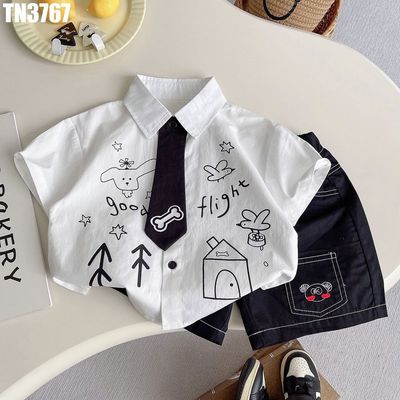 Set Áo Sơ Mi Họa Tiết Cà Vạt Phối Quần Short Túi Hộp cho bé trai đi chơi dự tiệc MINTSCLOSET TN3767