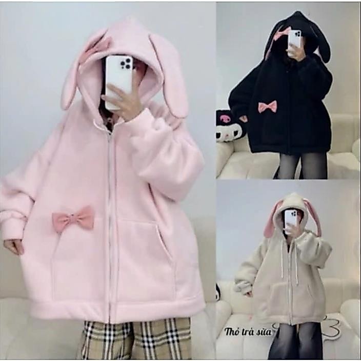 Áo Khoác Nỉ Hoodie zip Tai Thỏ Hồng . chất nỉ COTTON form rộng unisex UT