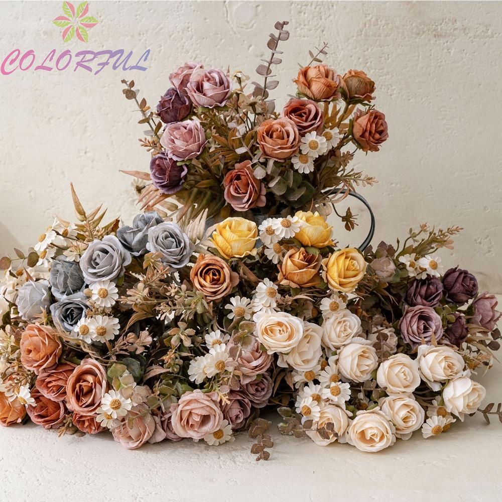 6 Head Artificial Rose Flowers Bouquet with Leaves for Wedding Home Arrangements