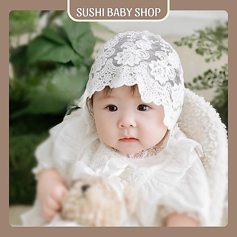 Mũ ren cho bé gái SUSHI BABY SHOP mũ ren trắng công chúa che thóp sơ sinh đầy tháng thôi nôi chụp ản