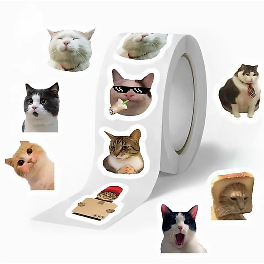 Cuộn 500 hình dán sticker MÈO meme dễ thương, sticker khen thưởng dán trang trí