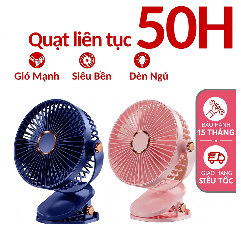 Quạt tích điện để bàn, kẹp bàn, kẹp xe đẩy, quạt mini 22000mAh 50 giờ liên tục, Có đèn