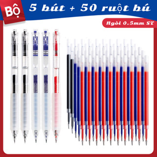  Combo 5 Bút Gel Bấm Trong Suốt + 50 Ruột 0.5mm Mực Đen Đỏ Xanh 3 Màu Viết Mượt Nhanh Khô Cho Học Sinh Văn Phòng Thi Cử 
