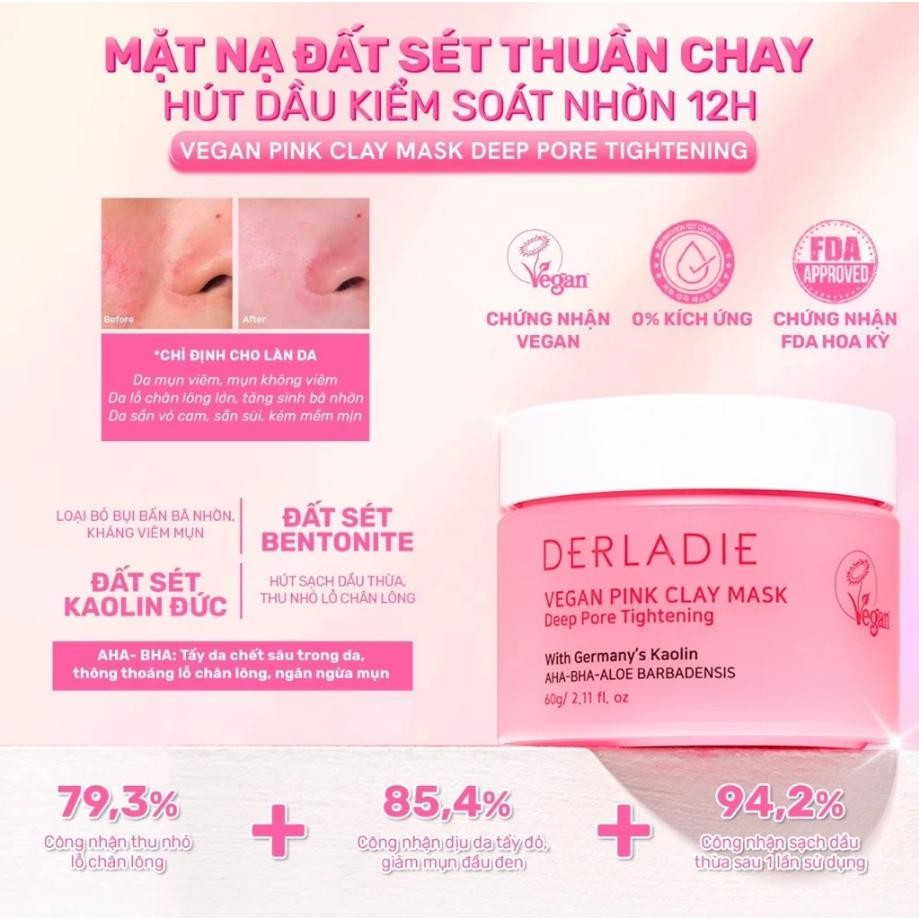 Ảnh 3 của Mặt Nạ Đất Sét Derladie Vegan Pink Clay Mask Deep Pore Tightening Hút Dầu Kiểm Soát Nhờn 12H 60g