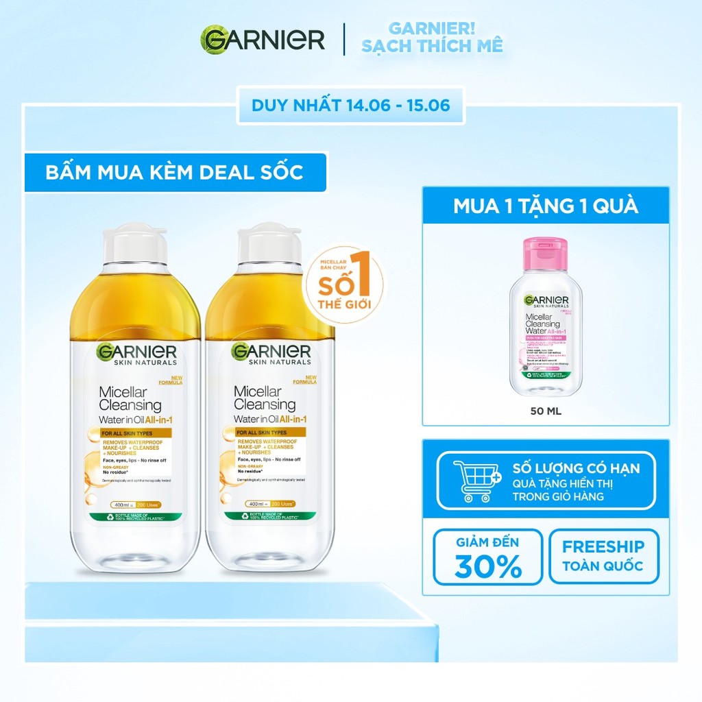 Bộ 2 nước làm sạch và tẩy trang cho da khô & trang điểm Garnier Micellar Water 400ml x 2