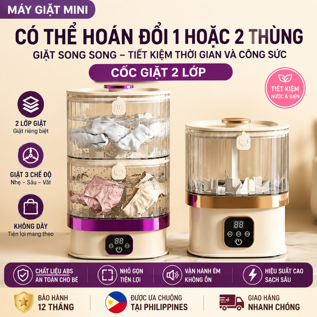Máy giặt mini hai khoang HP-318 7.4V,giặt mô phỏng tay,chạy êm không ồn