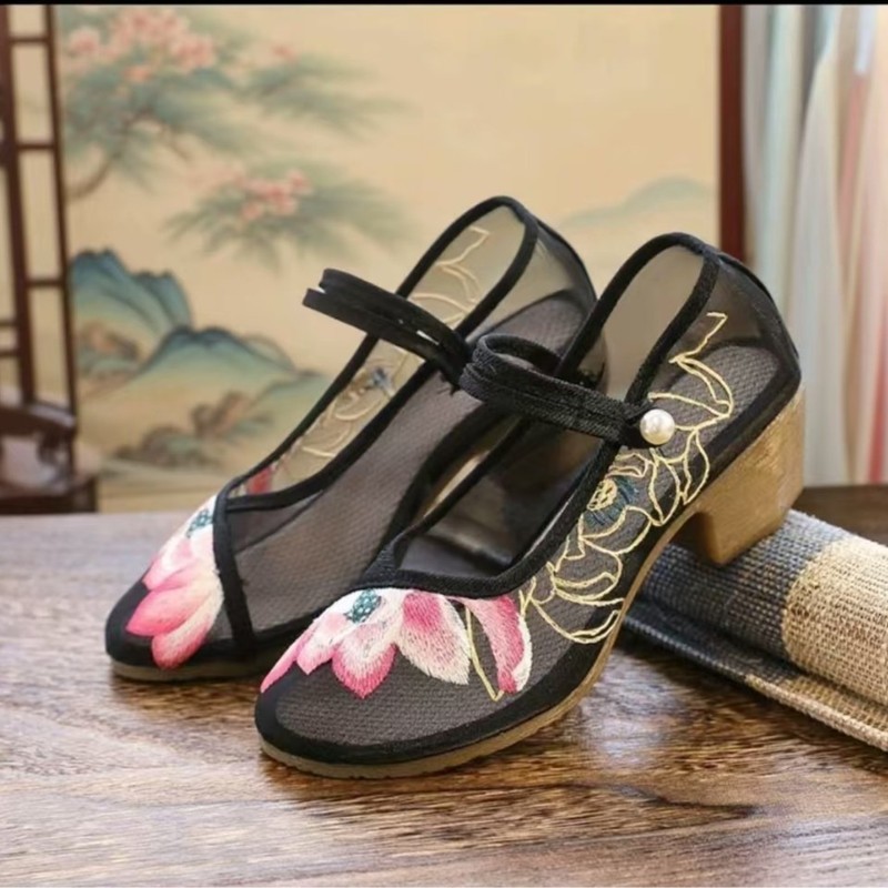 Giày Lưới Gót Vuông Gót Cao Gót Dày Gót Mùa Hè Lưới Thêu Giày Sandal Cổ Sen Nữ