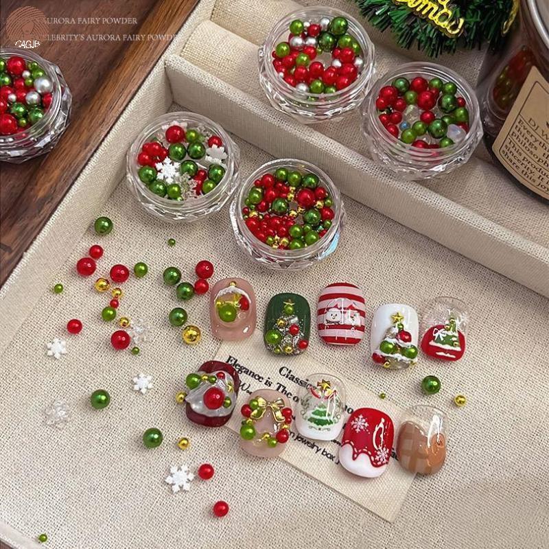 CAGJB 1 Hộp Giáng Sinh Đỏ / Xanh Ngọc Trai Bông Tuyết Móng Tay Kim Cương Giả Kích Thước Hỗn Hợp Ngọc