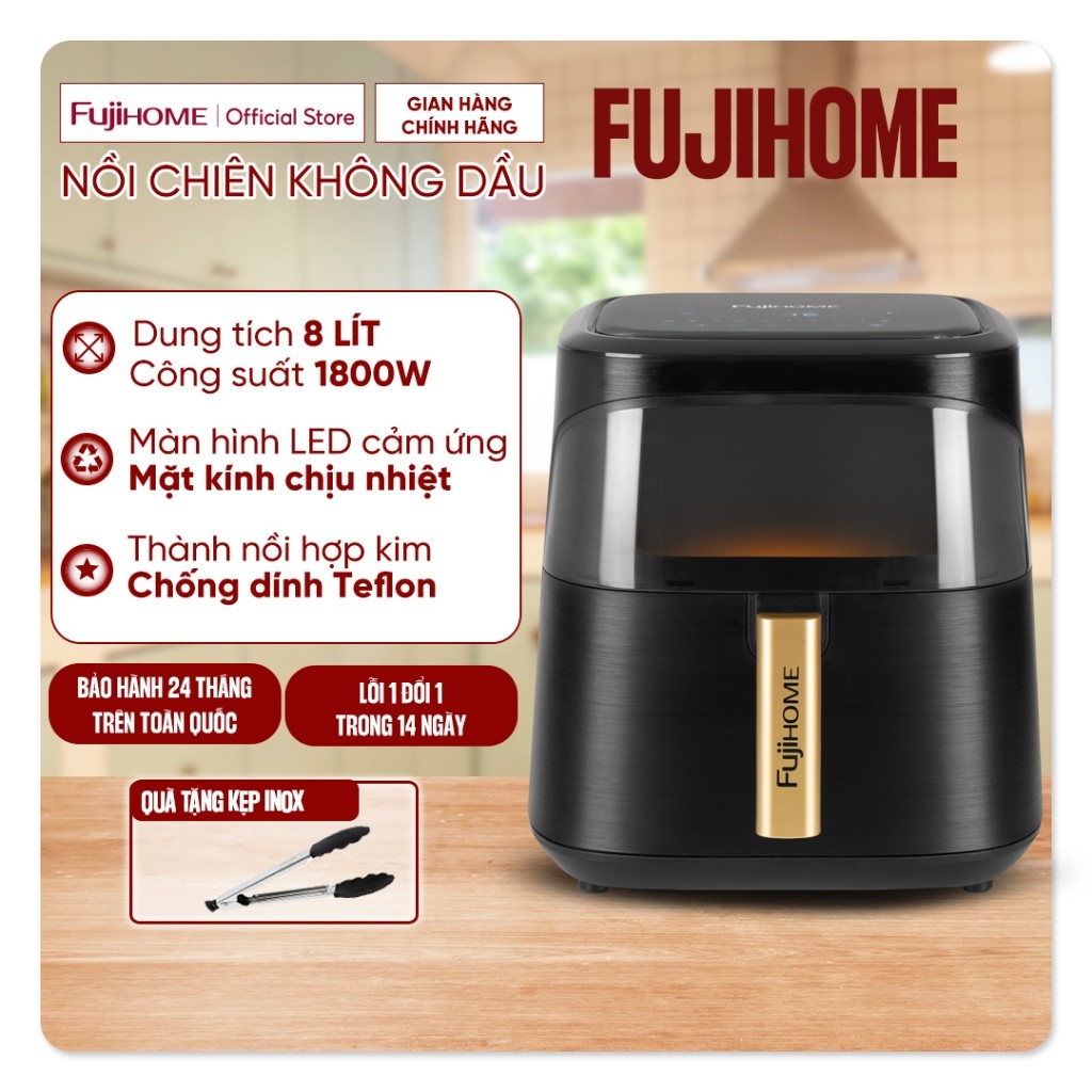 Nồi chiên không dầu 8 Lít Nhập Khẩu Fujihome A8DG1 tự ngắt tặng kèm gắp, Nồi chiên điện tử 11 chế độ