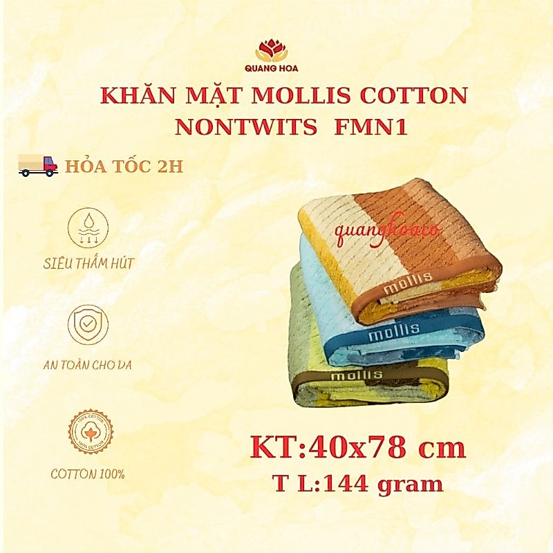 Khăn Mặt mollis Cao Cấp (Khăn cotton Non Twist  khăn thể thao)  FMN1  KT 40×78 cm.