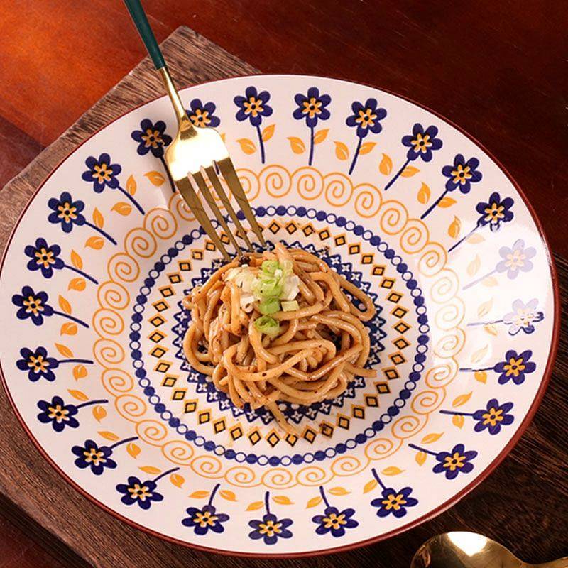 9-Inch Retro Flower Ceramic Plate Set Dish Deep Plates Retro Creative Underglaze Color Ceramic Plate