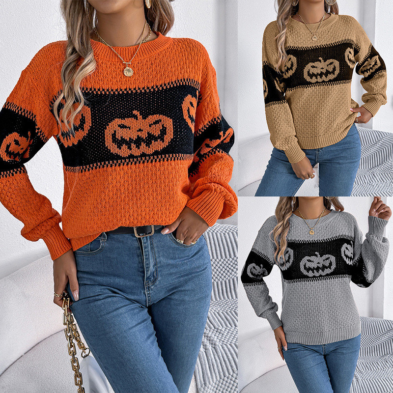 Mùa thu đông Real Shot Chủ đề Halloween Đầu bí ngô Màu sắc tương phản Áo len chui đầu dài tay Cross 