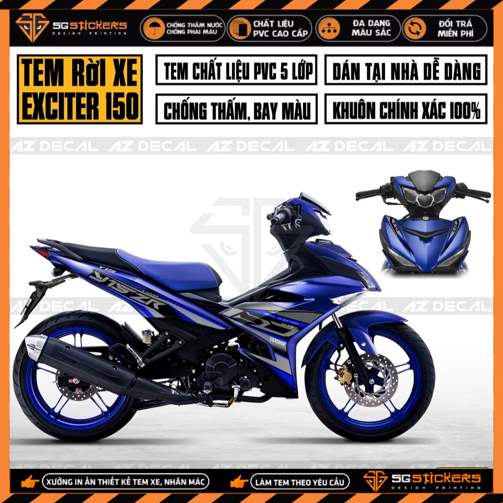 Tem Exciter 150 Mẫu Y15ZR | EX15005 | Team Decal Hình Dán Xe Máy Ex 150 Ex150 Xanh Trắng Đen Chống N