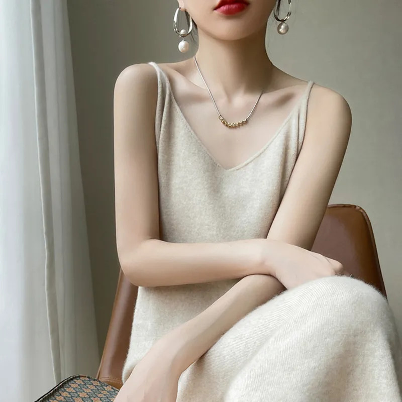 Đầm camisole dệt kim dài vừa phải thanh lịch cho phụ nữ, cổ chữ V, dài qua đầu gối, đầm cơ bản camis