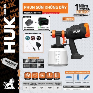 Máy phun sơn pin HUKAN G3-PS1400, Dung tích 1200ml, Lưu lượng 700ml, Công suất 450w