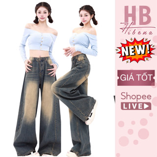 (NEW) Quần Jean Ống Rộng Nữ Cạp Cao Hibena, Quần Bò Dài Ống Đứng Nữ Hot Trend 2025 Màu Xanh Bụi Q17