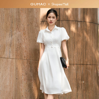 Đầm nữ GUMAC A xòe cổ sơ mi tay phồng đính nút ngọc phối khoen eo thanh lịch  DE07064