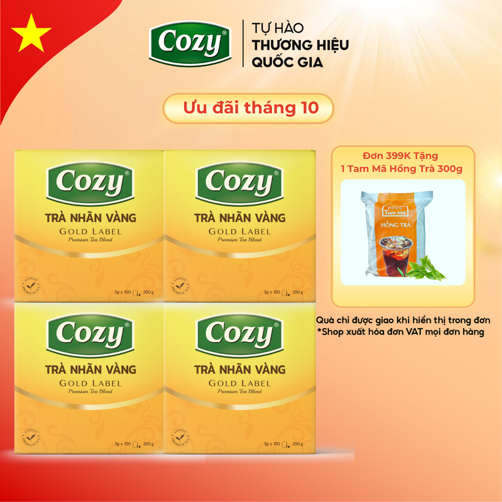 Combo 4 Hộp Trà Đen Nhãn Vàng Cozy 100 Túi Lọc (Không HS) Dùng Pha Chế Trà Chanh, Trà Tắc, Trà Sữa
