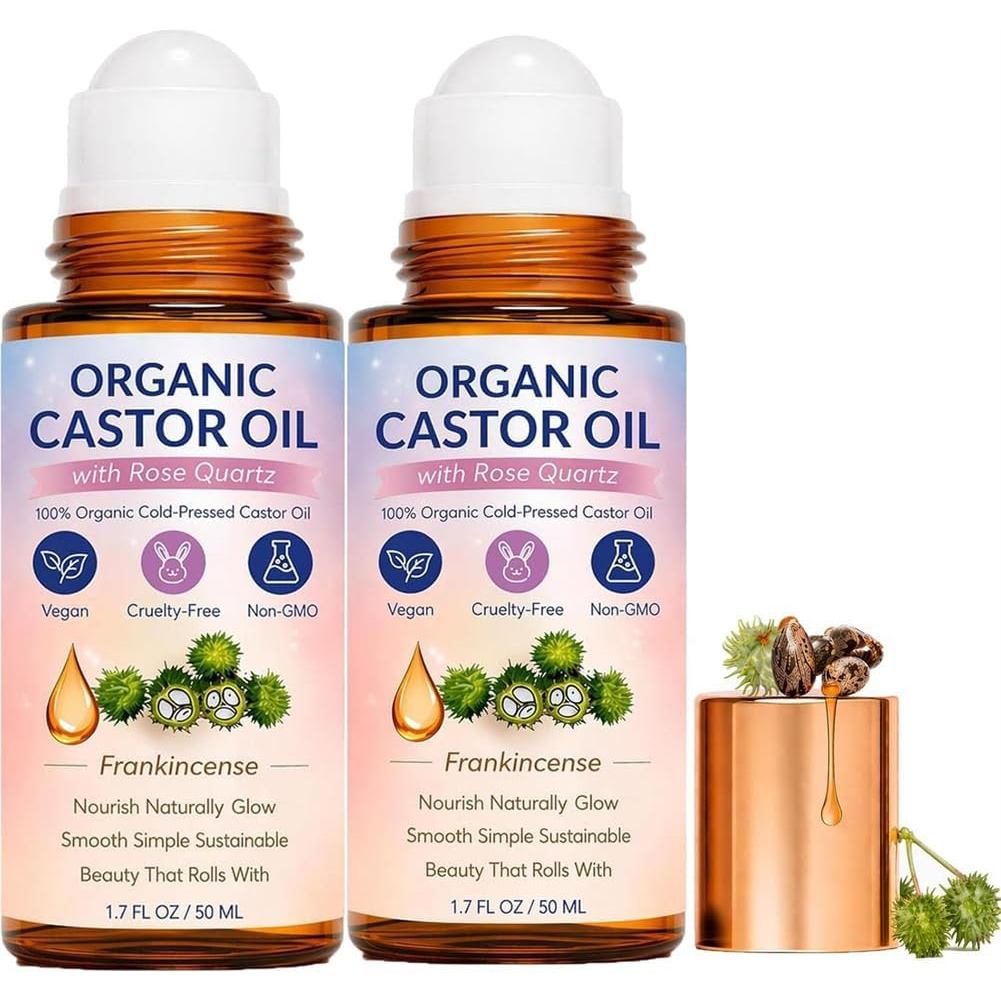 SoldaireOrganicCastorOilRoll-OnwithRoseQuartzRoller, ColdPressed, Hexane-Free, DeepMoisturingLeak-Pr