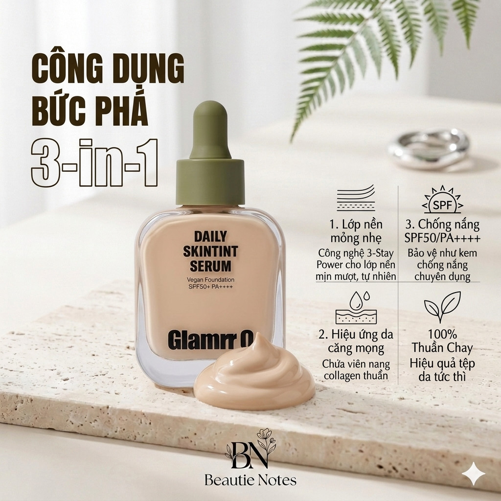 (HỎA TỐC CẢ TUẦN) Kem Nền Căng Bóng Glamrr Q Daily SkinTint Serum Vegan Foundation SPF50+/PA++++ (30